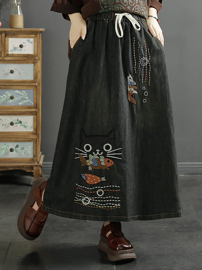Summer Cat Fish Embroidery Denim Skirt Kl1008
