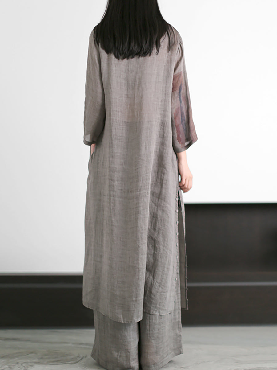 Print 100%ramie Long Shirt+pants Zz1056