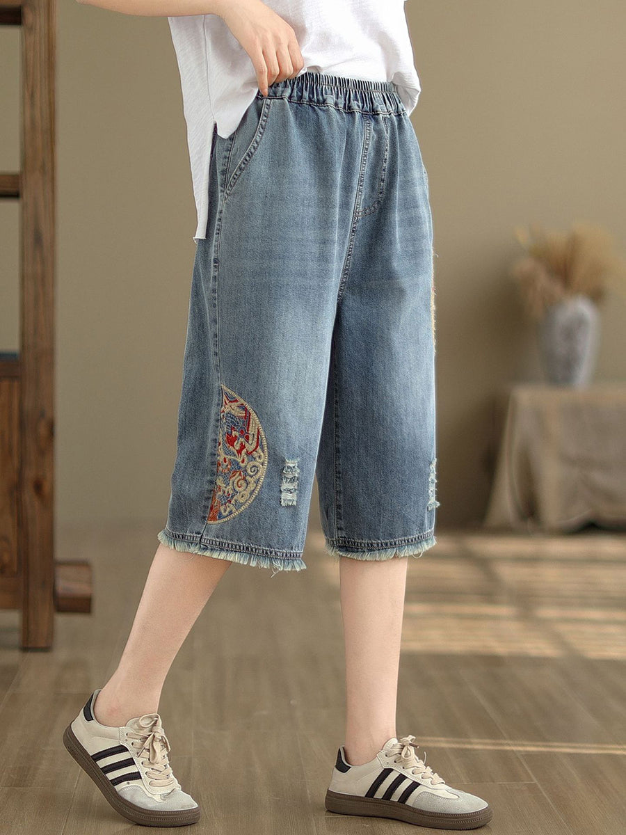 Summer Embroidery Knee-length Denim Pants Io1023