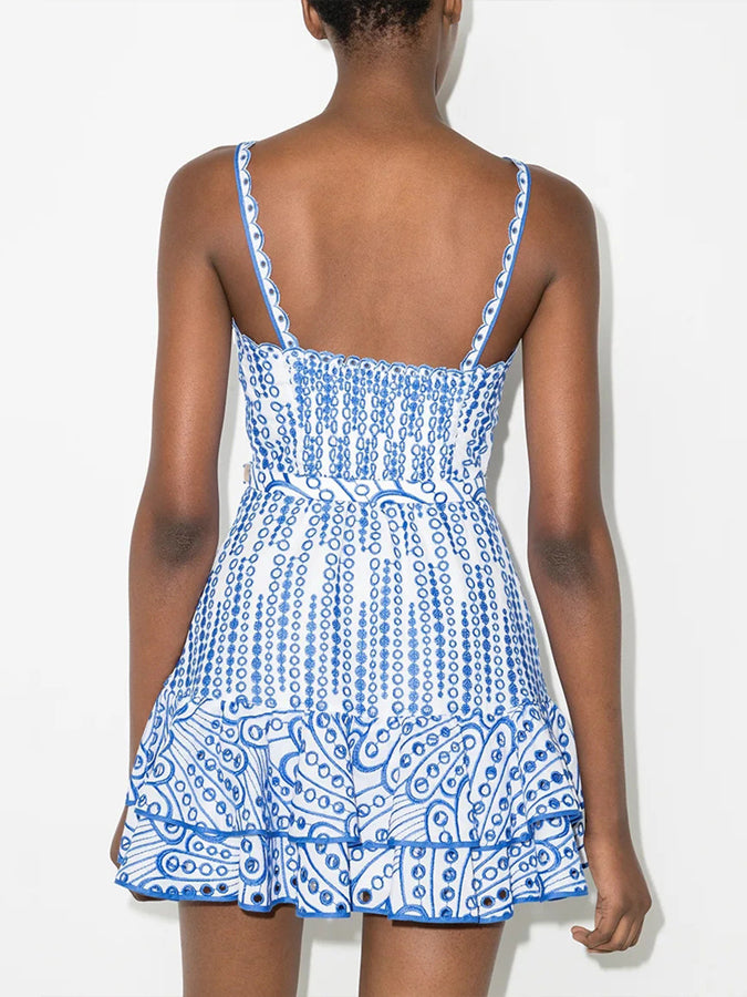 Embroidered Suspender Ruffle Mini Dress