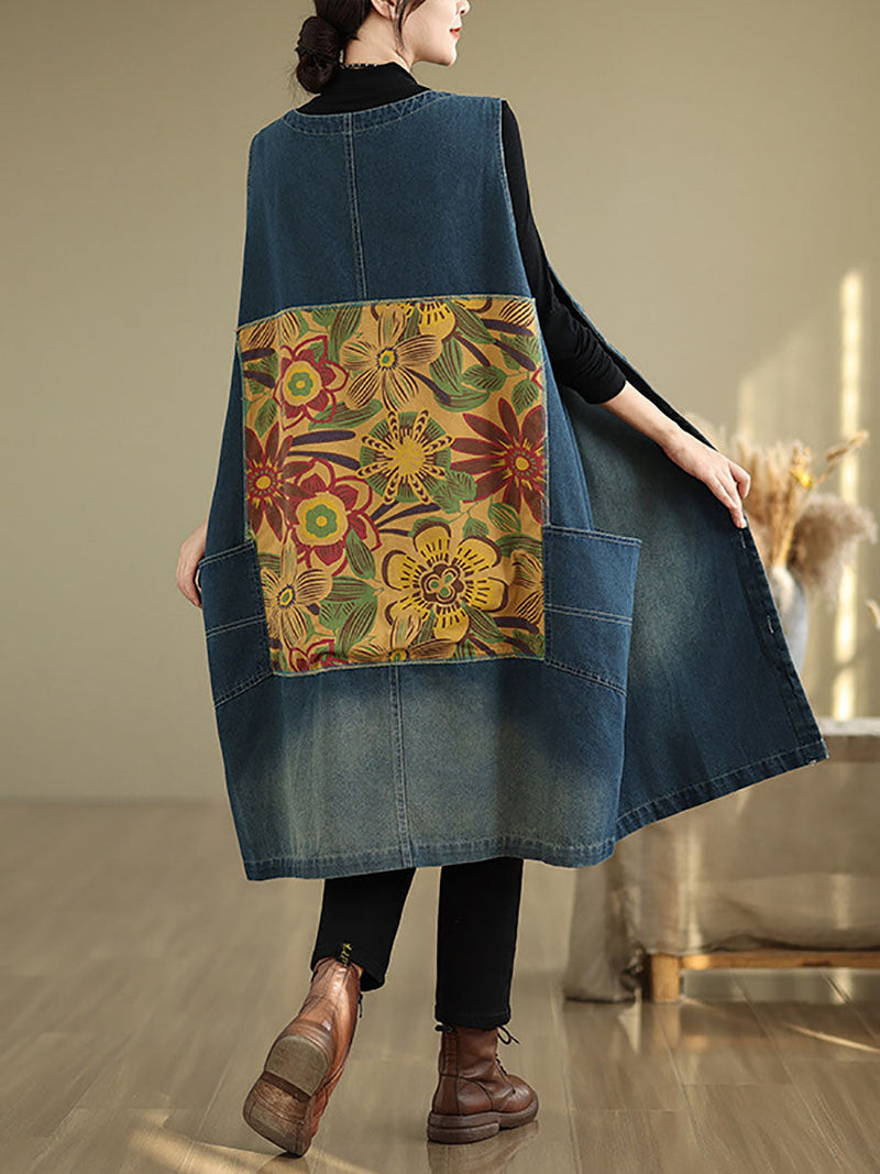 Summer Spliced V-neck Button-up Denim Vest Coat At1007
