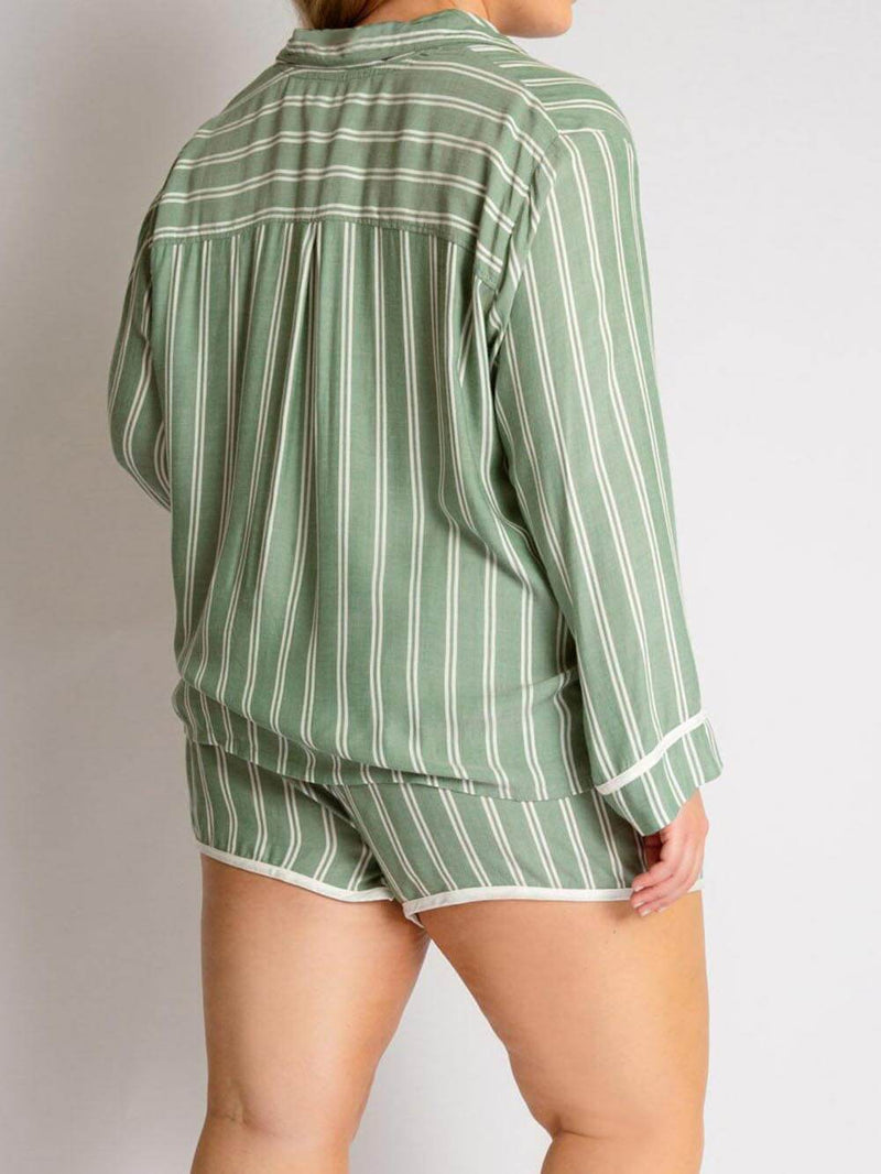 Loose Striped Patchwork Long-sleeved Shorts Pajama Set