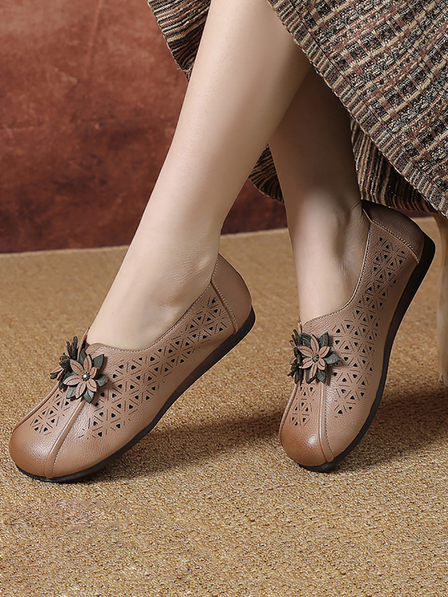 Leather Flower Cutout Flat Shoes Pa1026
