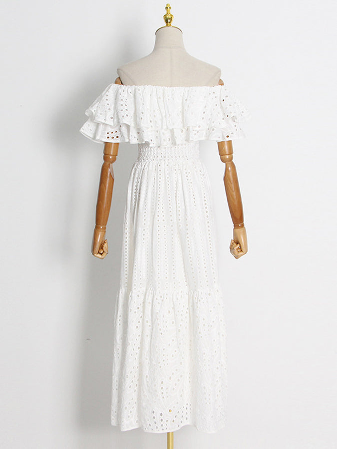 Off Shoulder Ruffled Embroidered Long Dresses