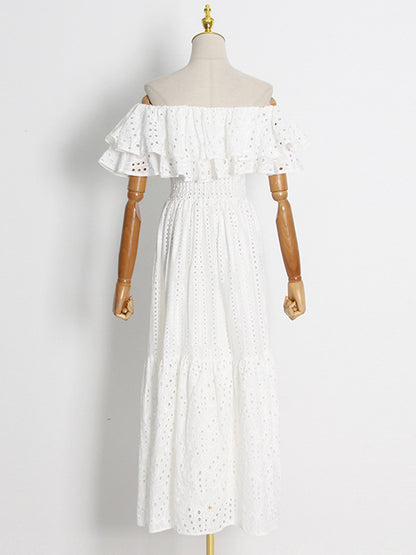 Off Shoulder Ruffled Embroidered Long Dresses