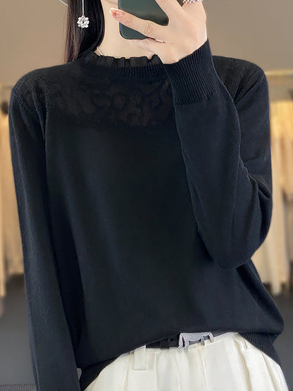 Autumn Lacework Neck 100%wool Loose Sweater Qm020