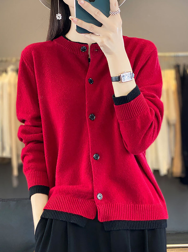 Autumn Colorblock Knit 100%wool O-neck Sweater Qm006