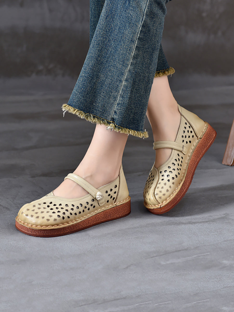 Summer Leather Cutout Leather Flat Shoes Oo1018