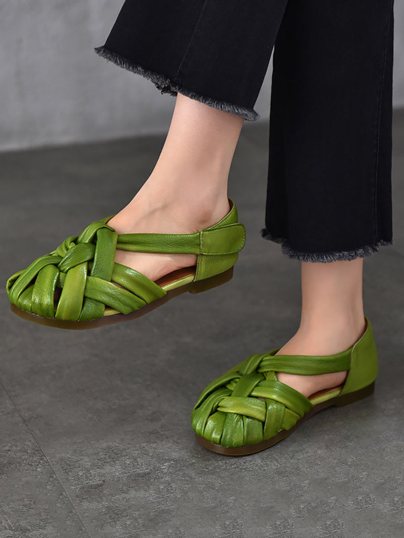 Summer Leather Flat Retro Weave Genuine Shoes
