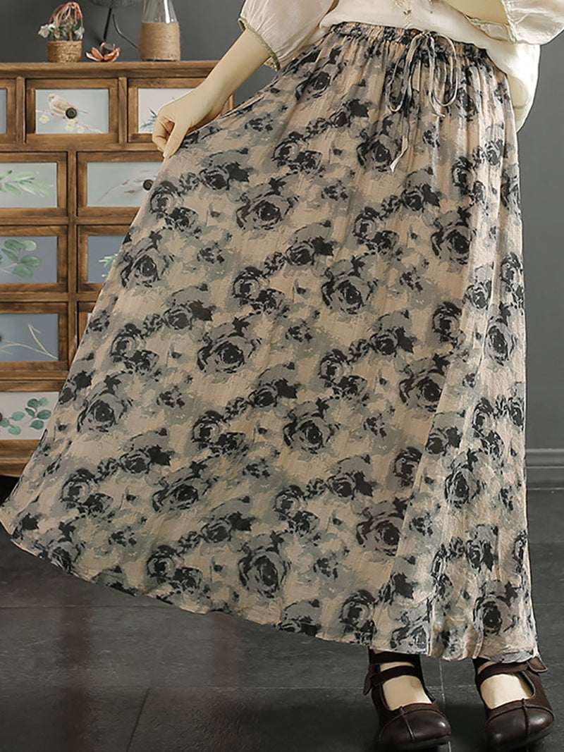 Leaf Flower Ramie Loose Skirt Sc1042