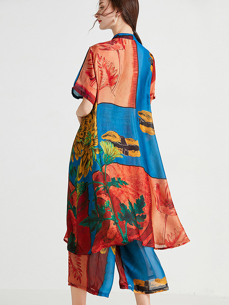 Artsy Flower Spliced Long Shirt+pants Hh053