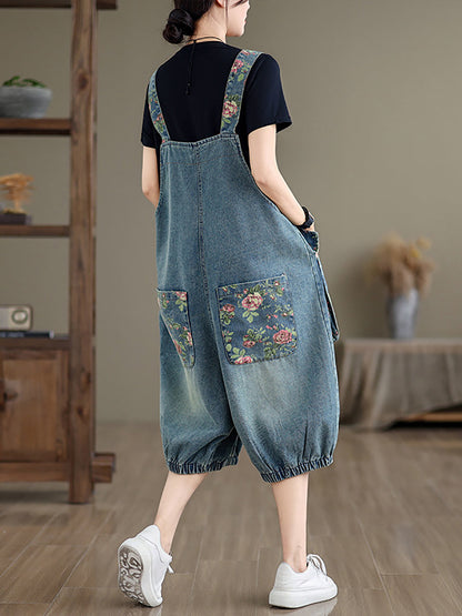 Summer Retro Flower Spliced Denim Jumpsuits Bn1030