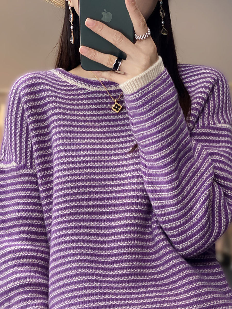 Autumn Stripe O-neck Wool Knit Sweater At1012