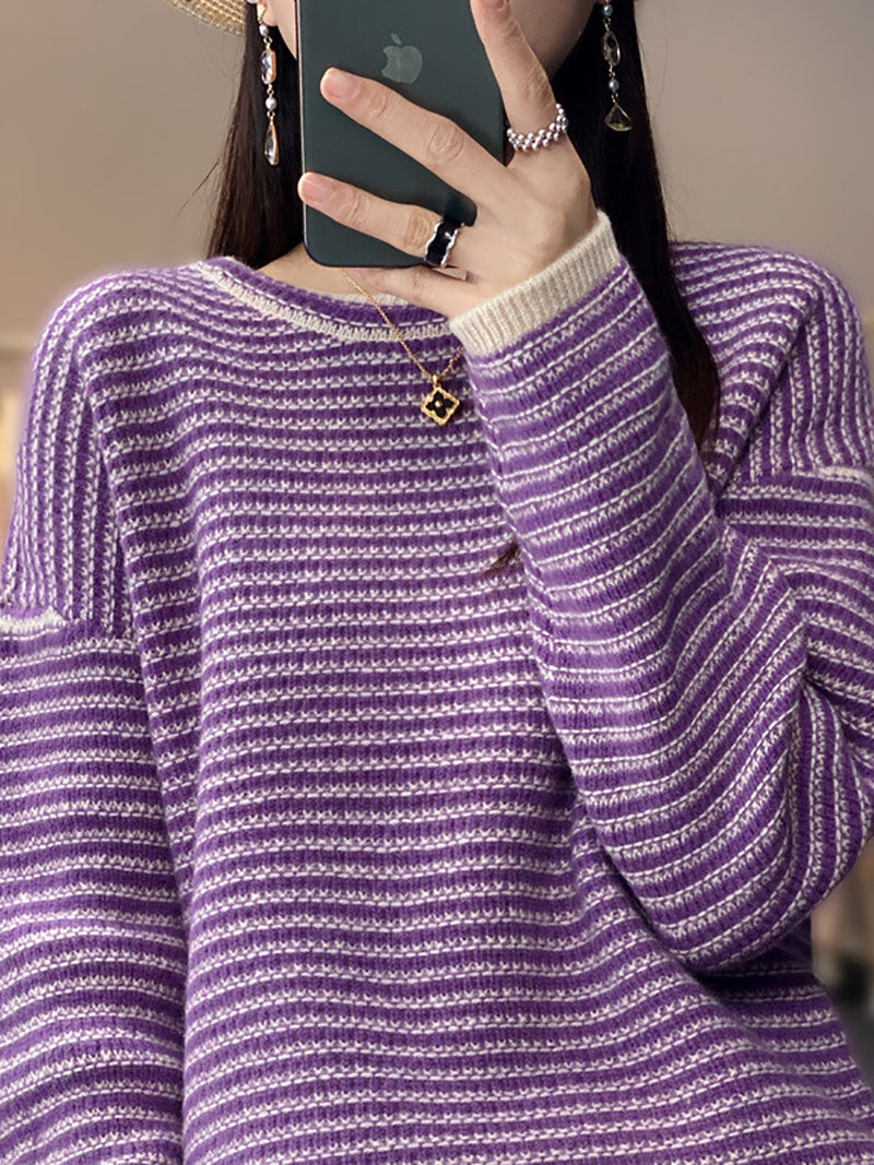 Autumn Stripe O-neck Wool Knit Sweater At1012