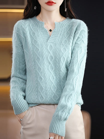 Autumn V-neck Wool Twist Knit Sweater Ax1030