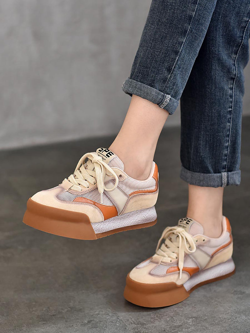 Summer Mesh Leather Spliced Breathable Platform Shoes Xx1021