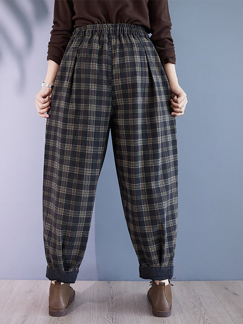Autumn Retro Plaid Thick Cotton Harem Pants Ba1036