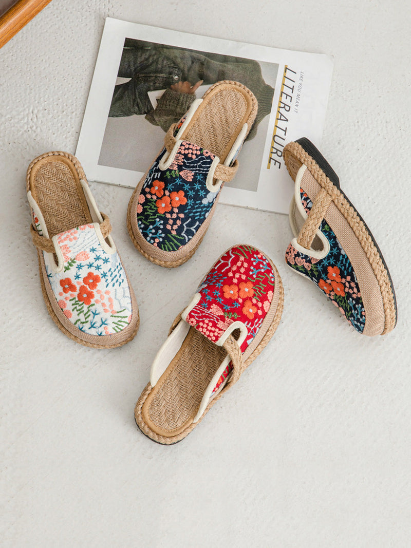 Cotton Flower Embroidery Slippers Summer