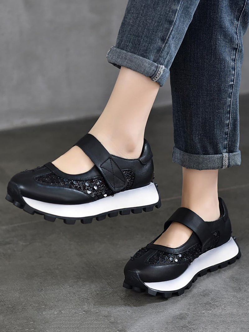 Summer Leather Spliced Mesh Sequin Platform Shoes Xx1022