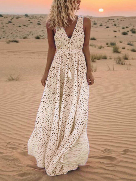 V-neck Sleeveless Polka-dot Maxi Dress