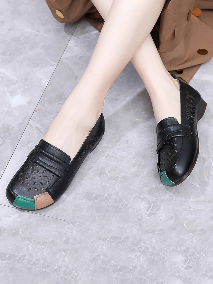 Summer Leather Colorblock Cutout Flat Shoes Ui1030