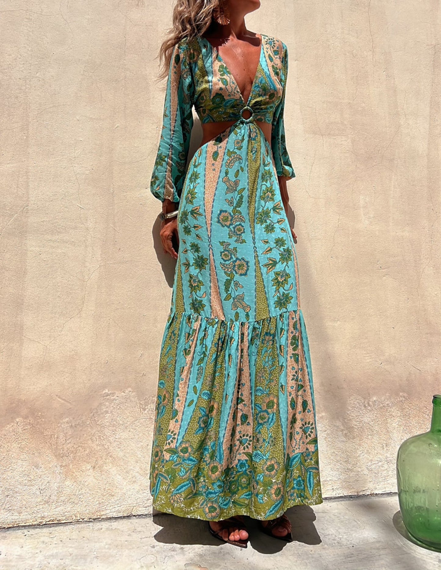 Surprised by You Printed Side Cutout Elastic Waist Maxi Dress