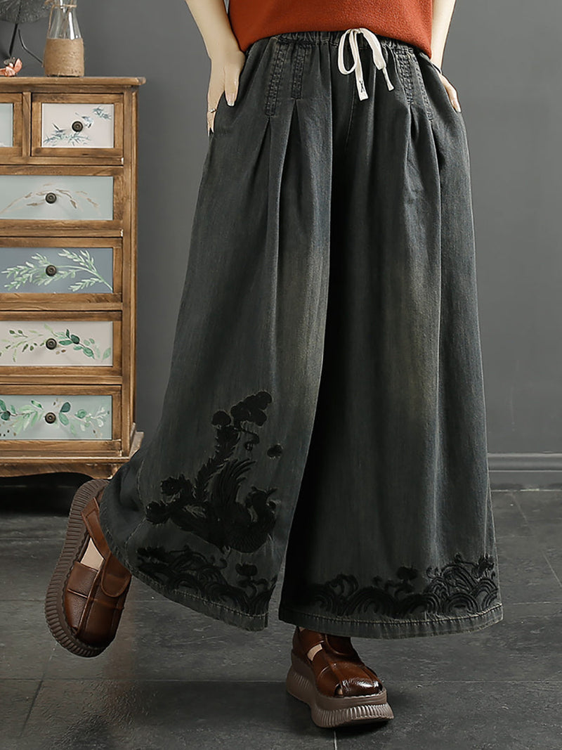 Phoenix Embroidery Wide-leg Denim Pants Kl1009