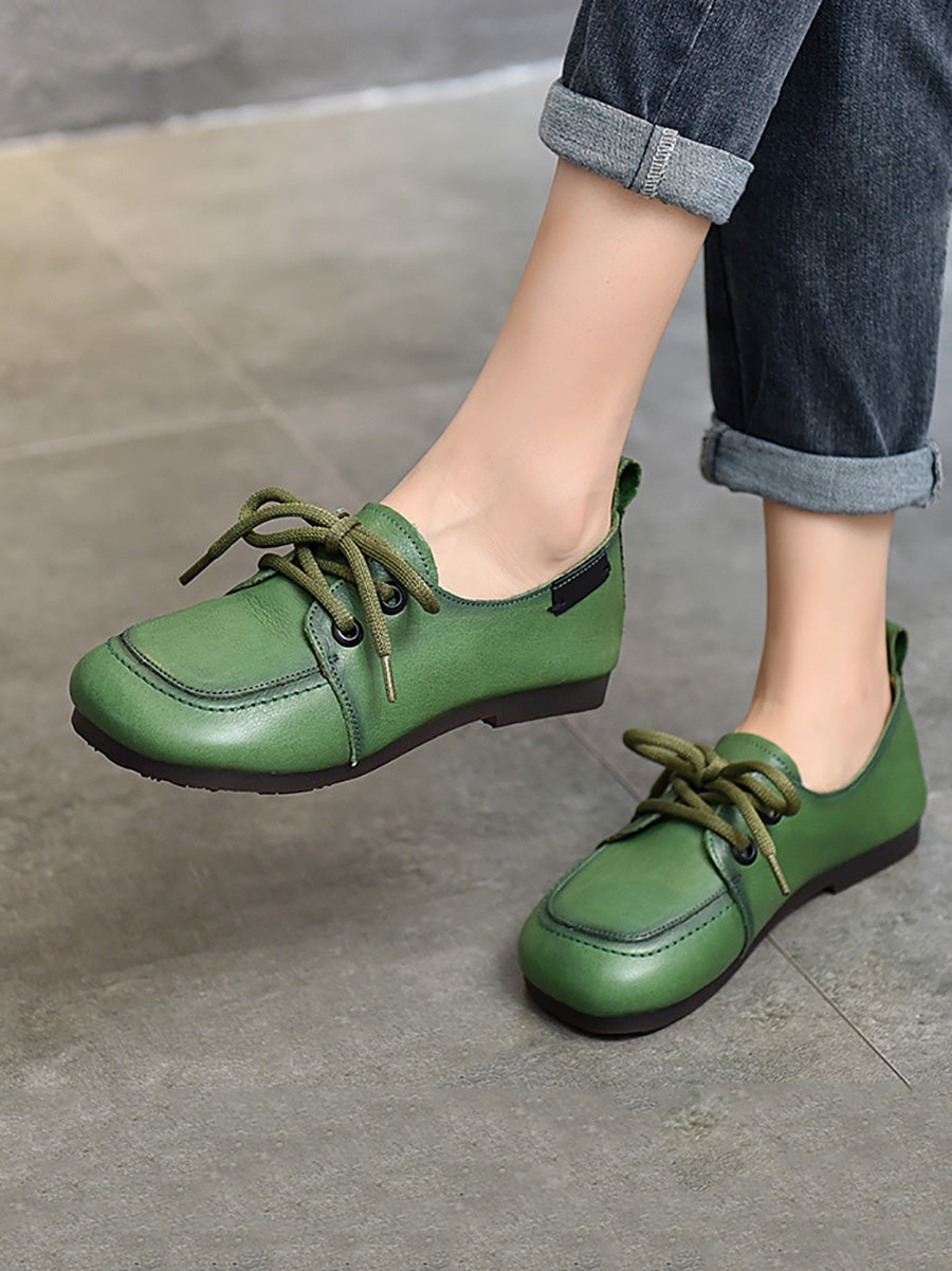 Summer Retro Leather Square Toe Flat Shoes Cx041