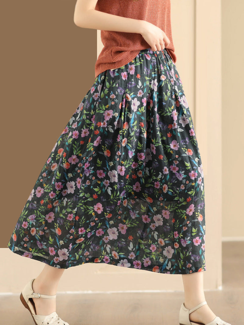 Artsy Summer Flower Ramie A-shape Skirt Co1025