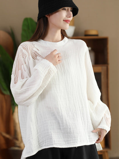 Autumn Artsy Embroidery Stand Collar Cotton Blouse Ai1076