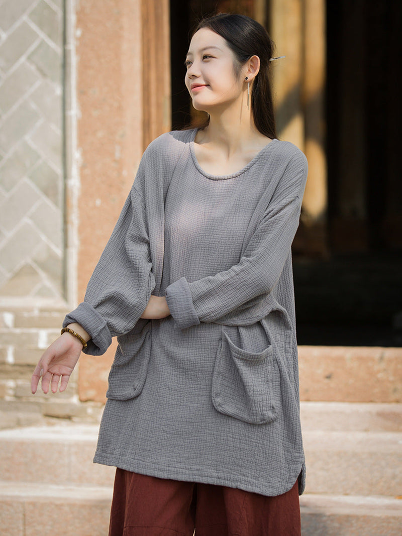 Autumn O-neck Cotton Blouse Av1021