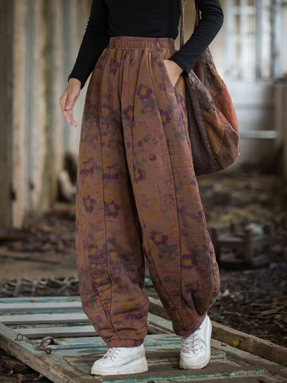 Winter Retro Flower Cotton Paaded Harem Pants Wu003