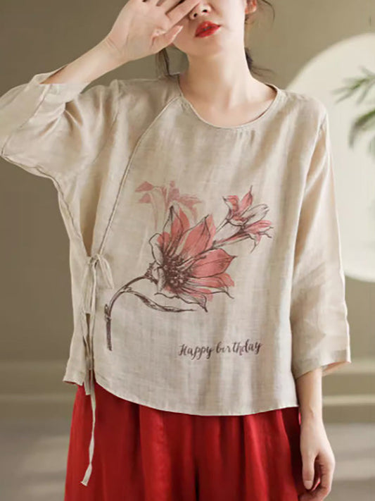 Spring Flower Strap Ramie Blouse Kl1039