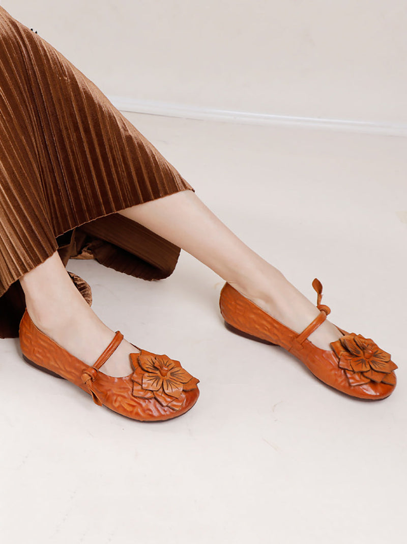 Summer Artsy Flower Leather Flat Shoes Aa1005