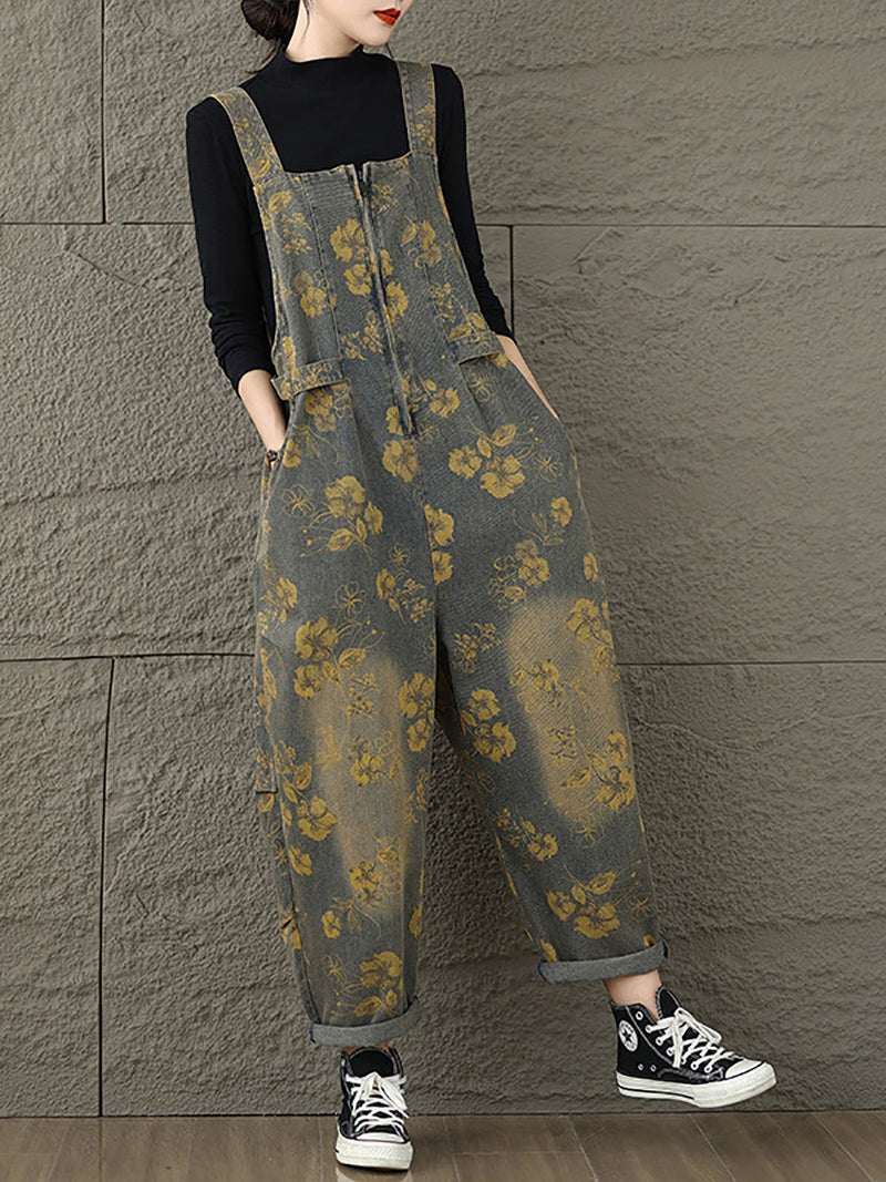Autumn Retro Flower Zipper Denim Jumpsuits Ax1002