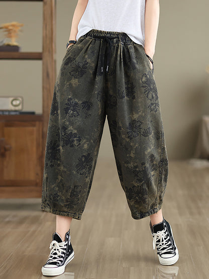 Summer Retro Flower Denim Loose Pants Ii1003