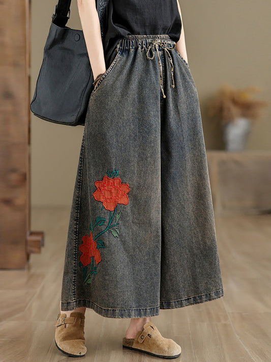 Summer Flower Denim Wide-leg Pants Op1010