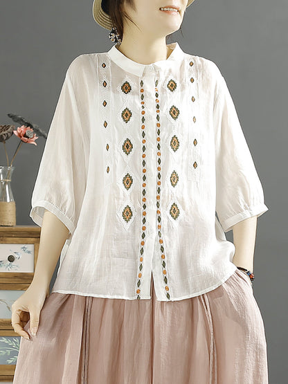 Rhomboids Embroidery Ramie Button Up Blouse Kl1031