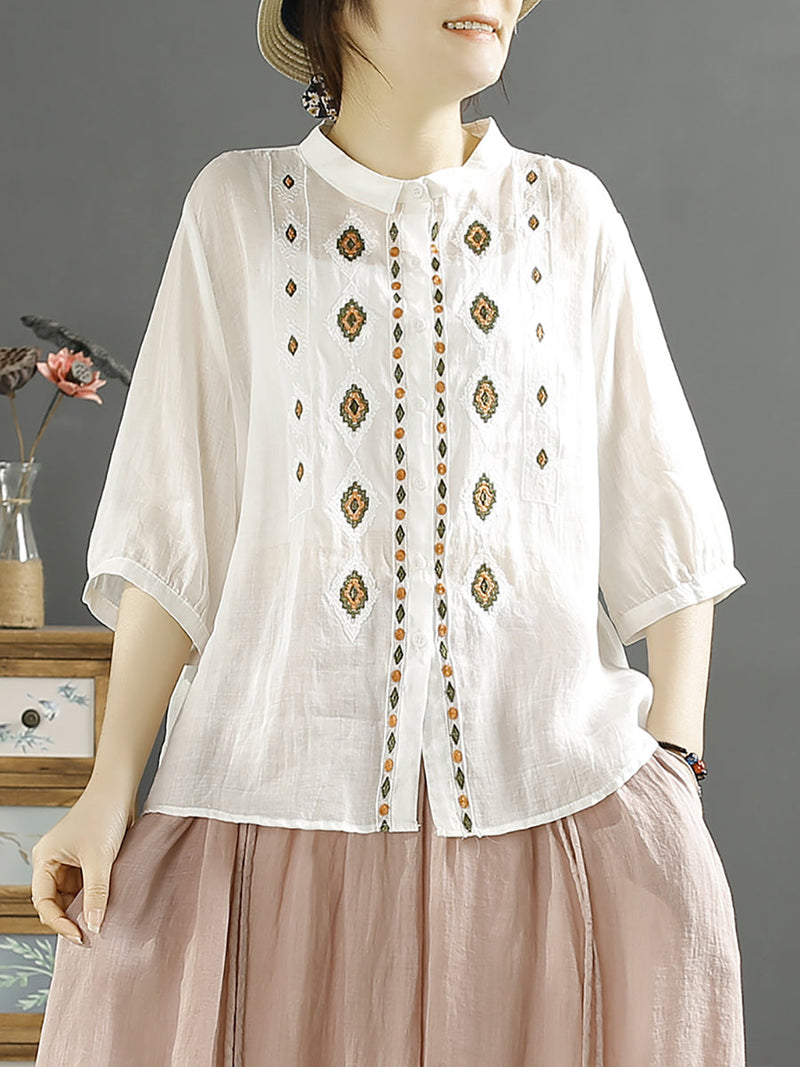 Rhomboids Embroidery Ramie Button Up Blouse Kl1031