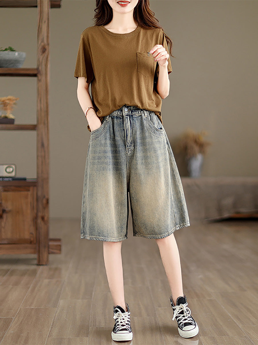 Summer Worn Denim Wide-leg Fifth Pants Cc037