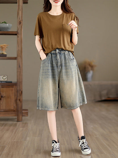 Summer Worn Denim Wide-leg Fifth Pants Cc037