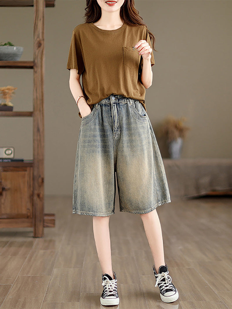 Summer Worn Denim Wide-leg Fifth Pants Cc037