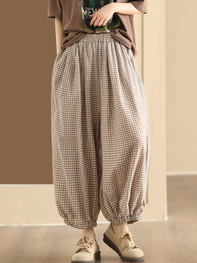 Summer Plaid Cotton Harem Pants Bn1021