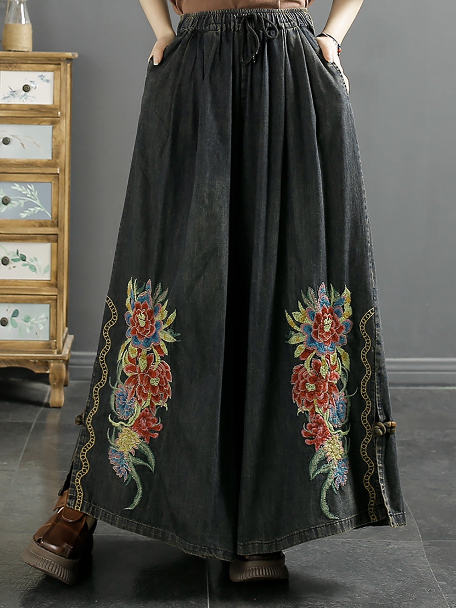 Summer Artsy Flower Embroidery Wide-leg Denim Pants Co1043