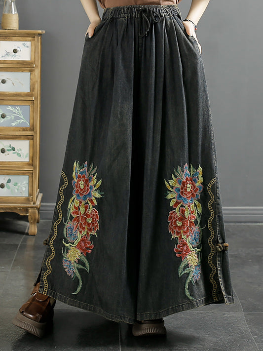 Summer Artsy Flower Embroidery Wide-leg Denim Pants Co1043