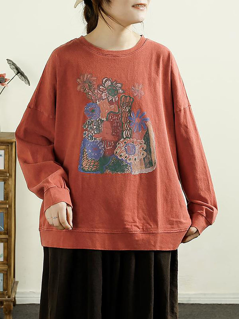 Autumn Flower O-neck Cotton Blouse At1002
