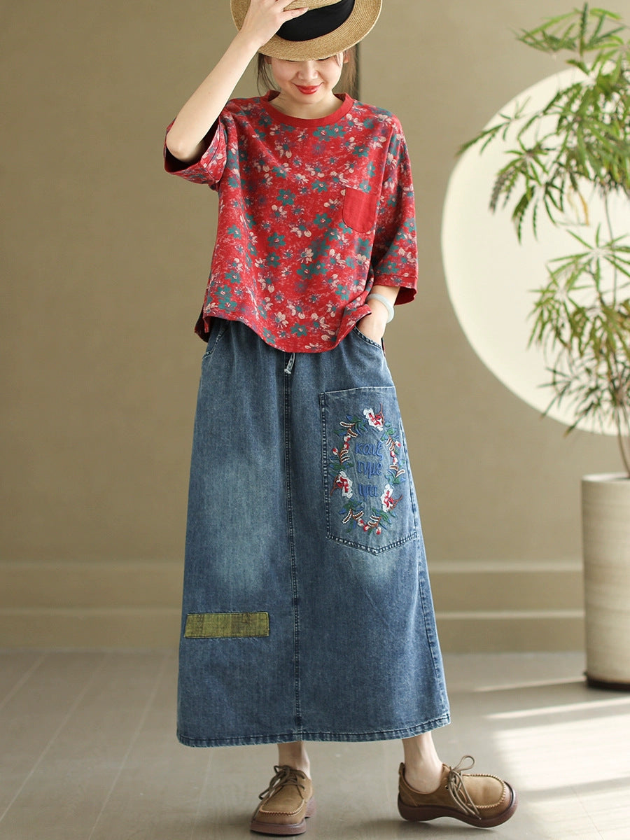 Artsy Flower Embroidery Denim Skirt Co1053