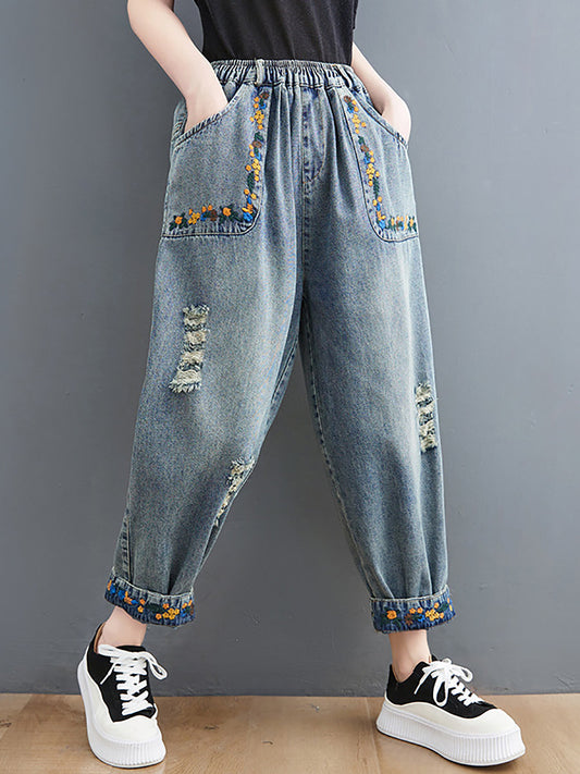 Artsy Embroidery Frayed Denim Harem Pants Fd006