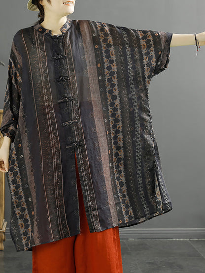 Summer Stripe Button-up 100%ramie Shirt Coat Kl1032