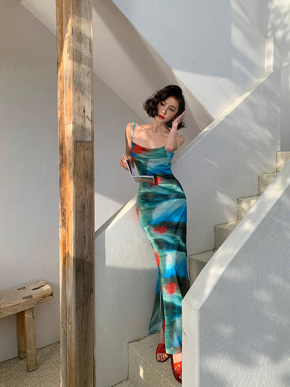 Slimming Oil Painting Maxi Dress
